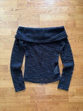 Free People Soft Lines Sheer Black Off the Shoulder Top Long Sleeve XS Ruched